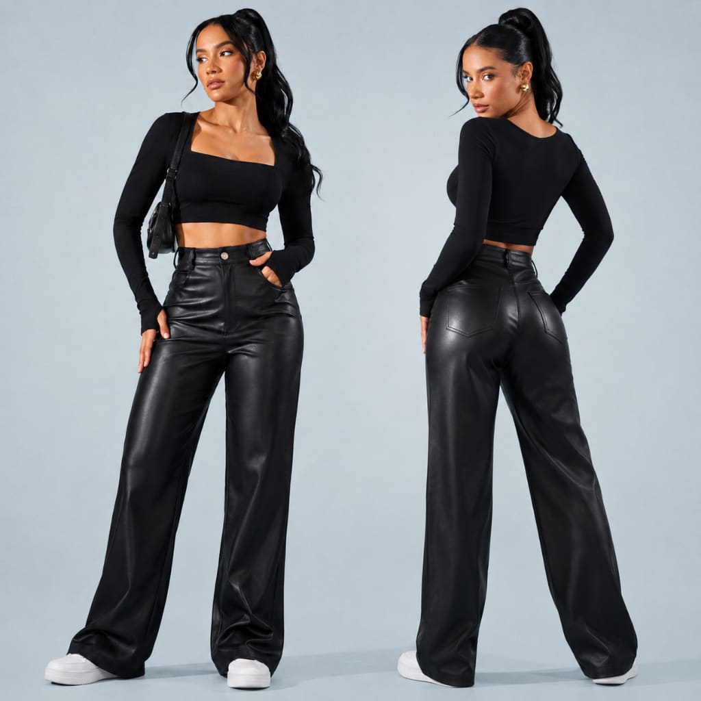 👖✨ Calça Feminina Wide Leg em Couro Sintético com Cintura Alta