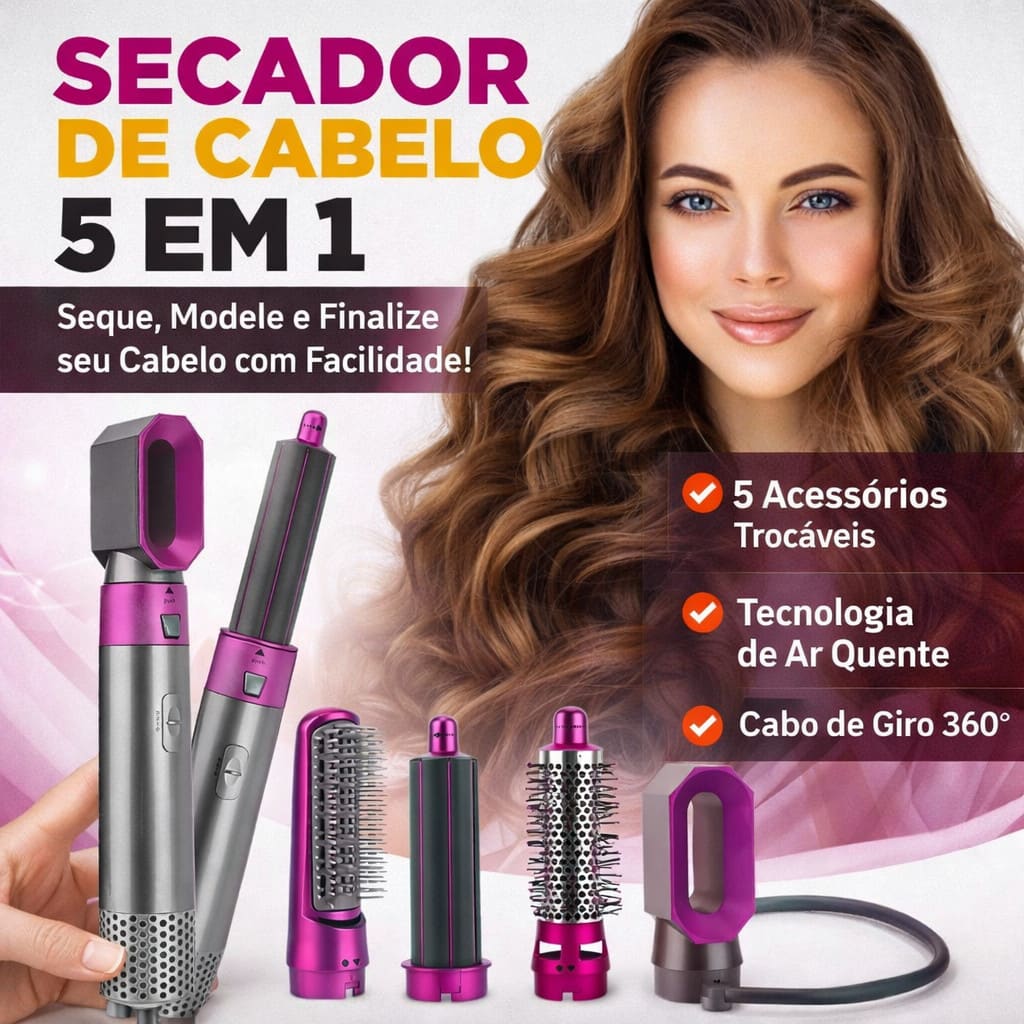 ✨ Escova 5 em 1 Profissional: Seca, Alisa, Modela e Dá Volume! 💁‍♀️